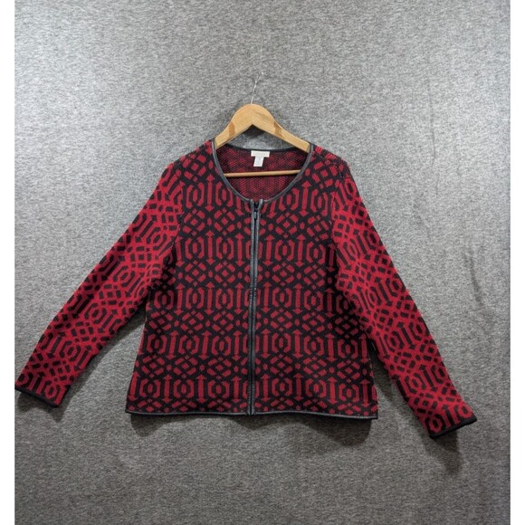 Chicos Women's Sweater Red and Black Faux Leather with Zipper Detail Size 3 - Picture 3 of 16